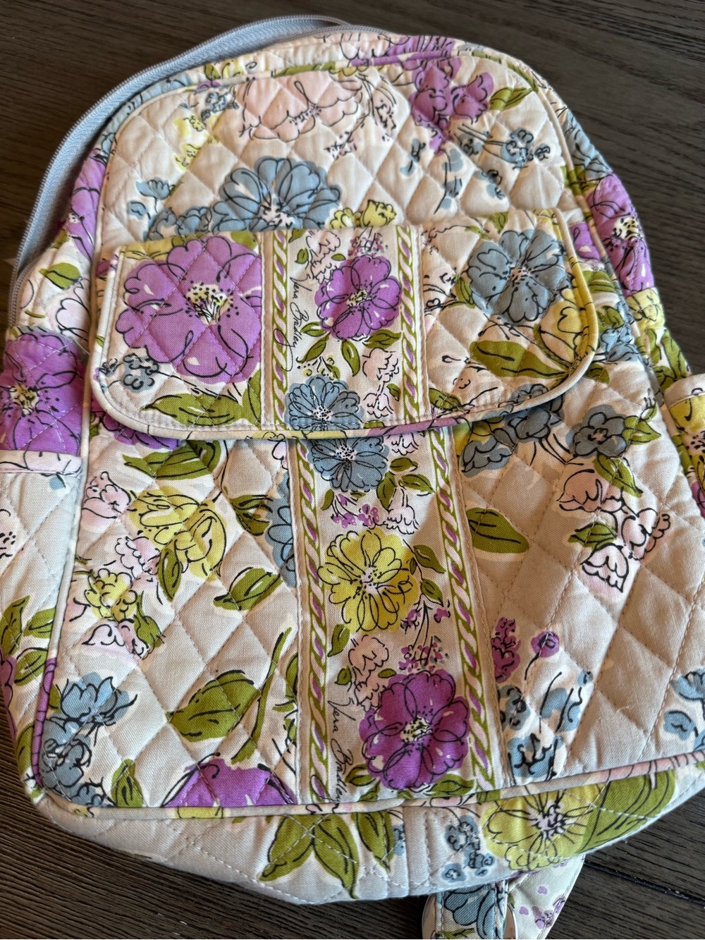 Vera Bradley Quilted Floral Backpack in Cream, Purple & Green
